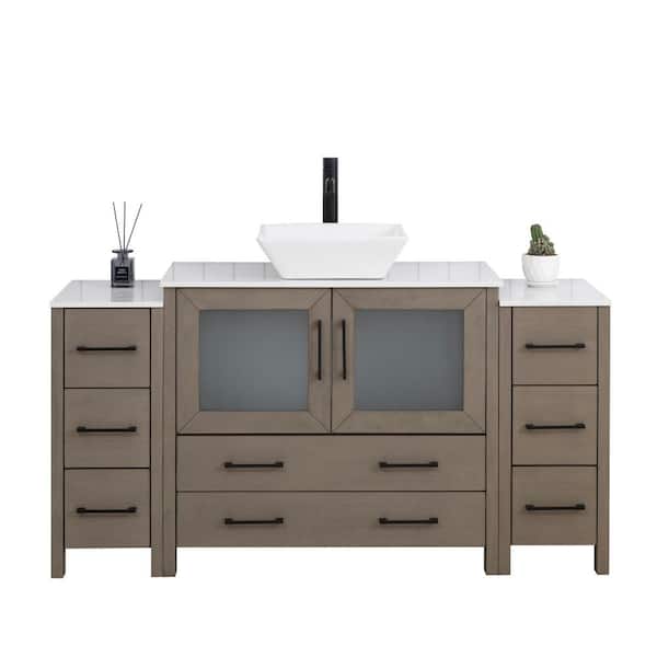 Vanity Art 60 in. W Single Basin Driftwood Gray Bath Vanity with White Engineered Marble Top and Mirror