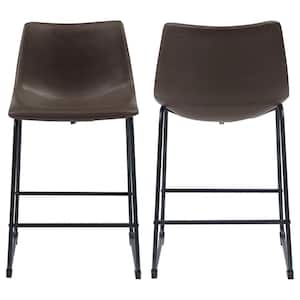 35 in. H Black and Brown Solid Back Metal Frame Counter Height Stools with Leatherette Seat (Set of 2)