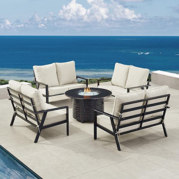 Oakland Living Black 5-Piece Aluminum Patio Fire Pit Set with Light Grey Cushions
