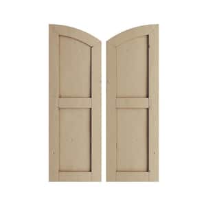 12 in. x 26 in. Polyurethane Knotty Pine 2 Equal Flat Panel Elliptical Top Faux Wood Shutters Primed Tan