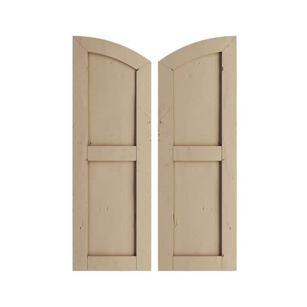 Ekena Millwork 12 in. x 26 in. Polyurethane Knotty Pine 2 Equal Flat Panel Elliptical Top Faux Wood Shutters Primed Tan