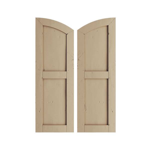 Ekena Millwork 12 in x 34 in Polyurethane Knotty Pine Two Equal Flat Panel Elliptical Top Faux Wood Shutters Primed Tan