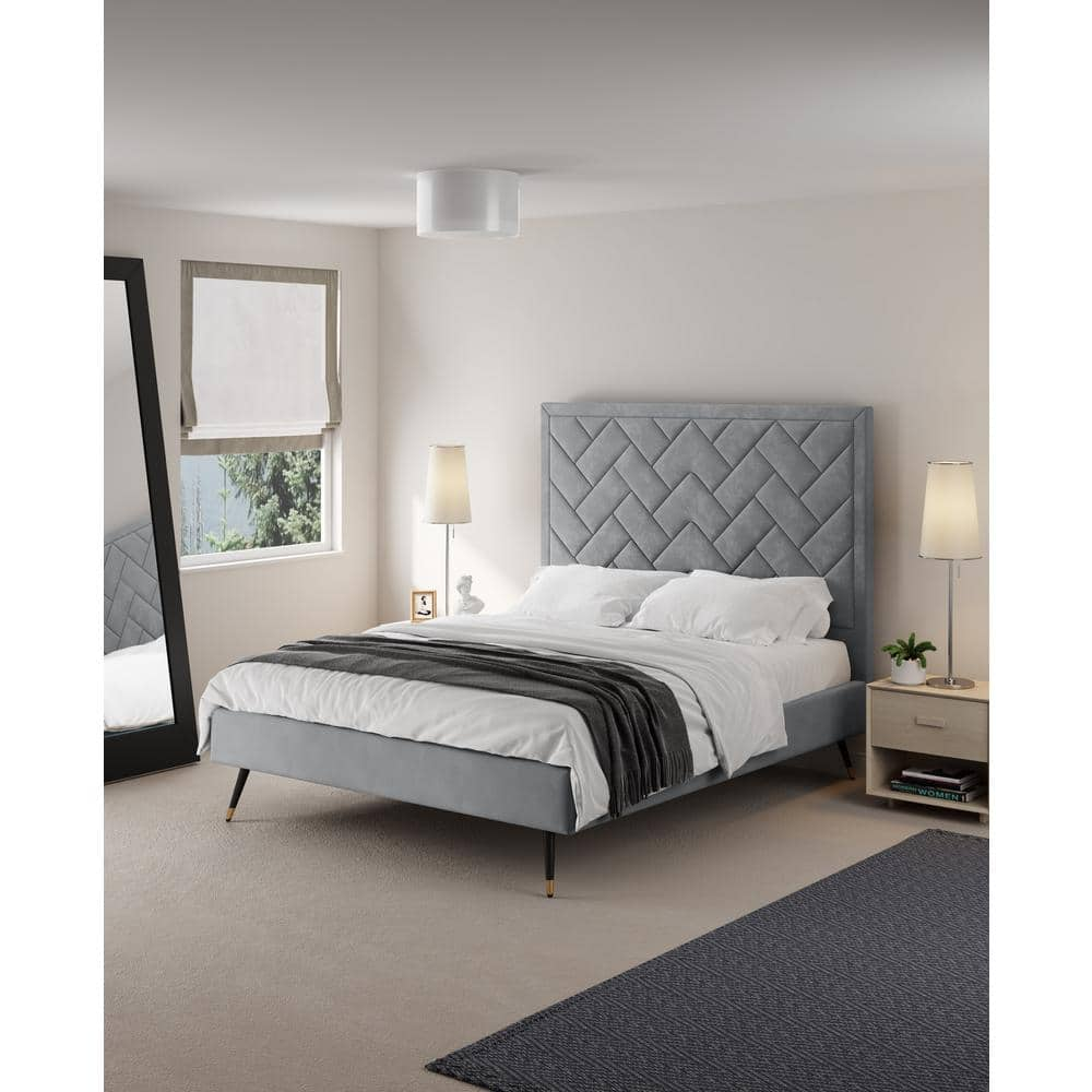 Crosby Modern Gray Velvet Upholstered Wood Frame Queen Platform Bed -  Manhattan Comfort, BD009-QN-GY