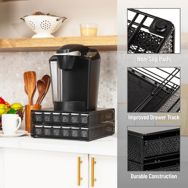 Mind Reader - Single Serve Coffee Pod Organizer with 2 Drawers, 72 Pod Capacity, Metal Mesh, 13 in. L x 12.75 in. W x 5 in. H, Black