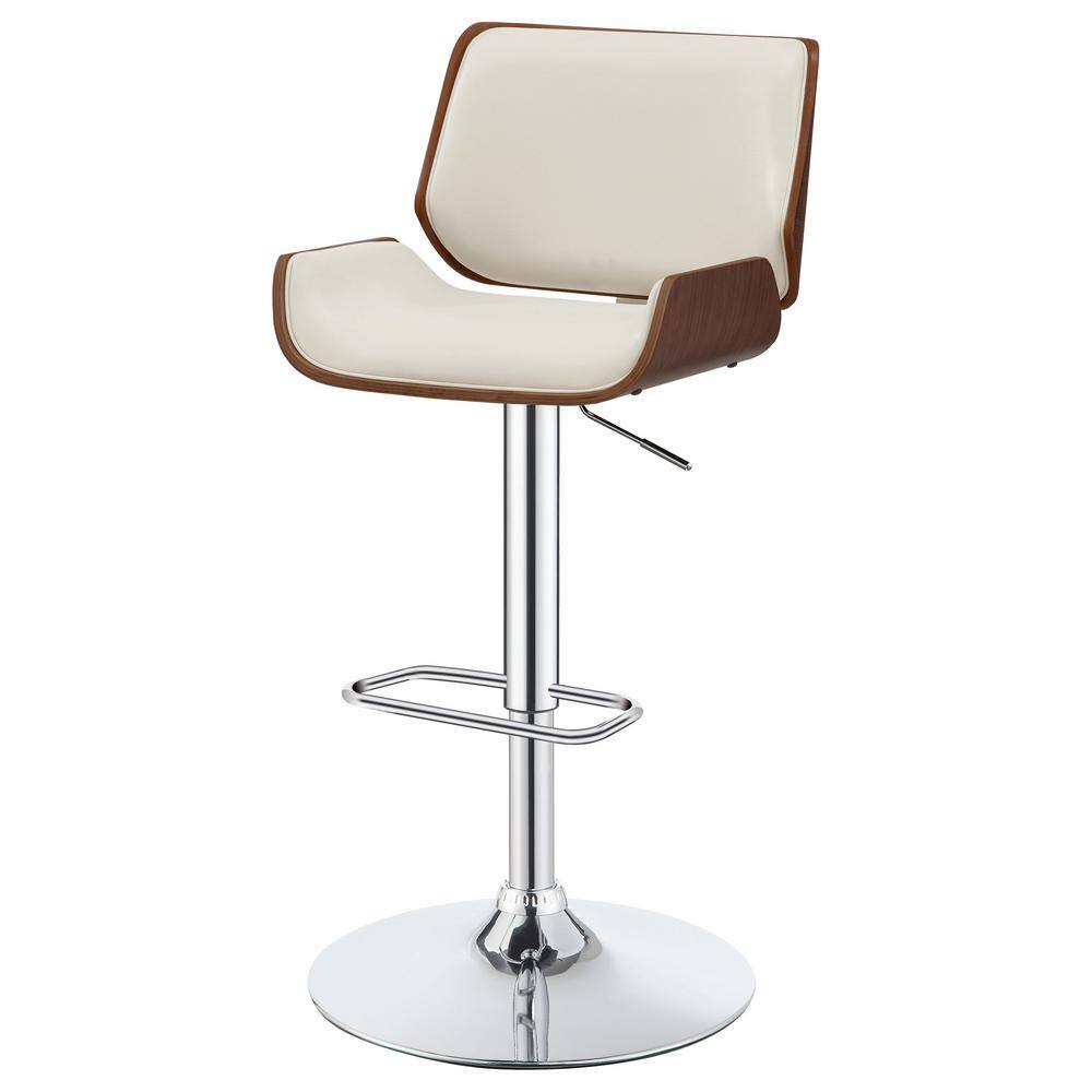 Cream Faux Leather Adjustable Swivel Bar Stool with Walnut Wood