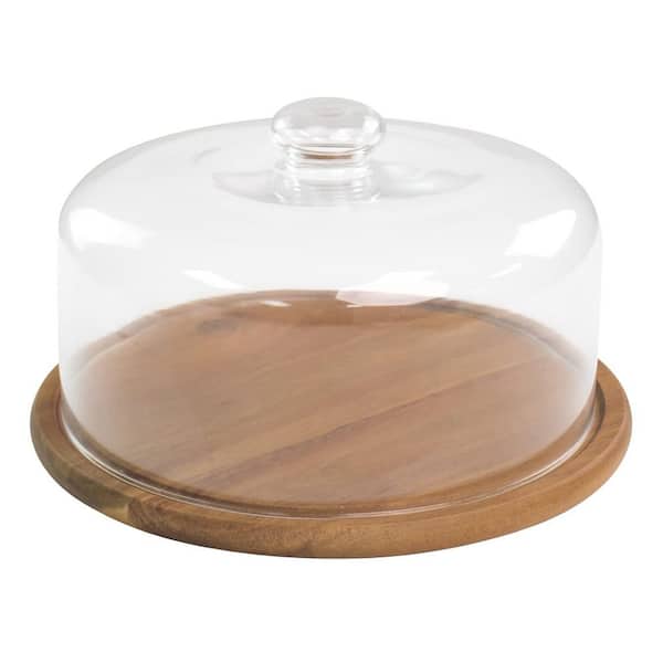 Brown 1-Tier Wood Cake Stand, Glass Dessert Dome with Base, Cake Fruit Display Server Tray for Kitchen Birthday Weddings