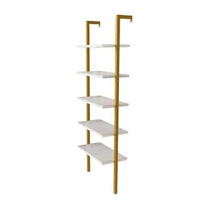 Minimalist 70.8 in. Bright White Wooden 5 Shelves Wall Mount Ladder Bookcase with Gold Steel Frame