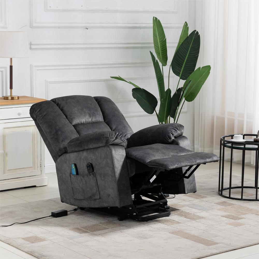 Gray power lift recliner chair in full lift position.