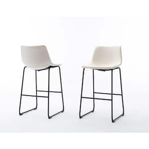 Crawford 29 in. Upholstered White Faux Leather High Back Bar Stools With Black Iron Base (Set of 2)