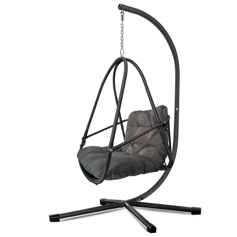 Wicker Patio Swing Egg Chair with Stand, Basket Hanging Chair with C Type Bracket, With Dark Gray Cushion price history on PriceWatchPro