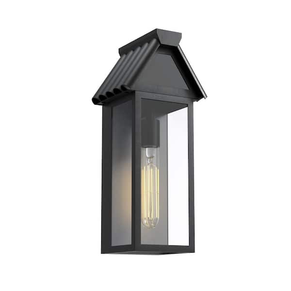 Montpelier 15 in. 1-Light E26 Sand Grain Black Dusk to Dawn Outdoor Hardwired Wall Lantern Scone
