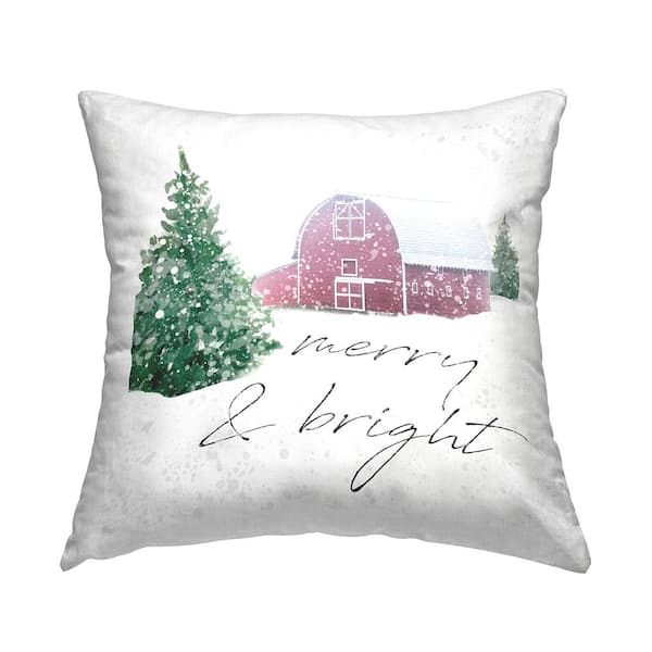 Merry and Bright Red Barn White Print Polyester 18in. X 18in. Throw Pillow