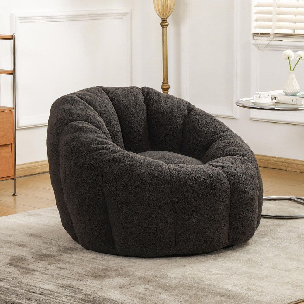 Annabelle Dark Gray Faux Fur Polyester Fabric Bean Bag Chair with Armrests Stuffed High-Density Foam