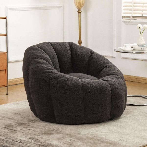 Annabelle Dark Gray Faux Fur Polyester Fabric Bean Bag Chair with Armrests Stuffed High-Density Foam