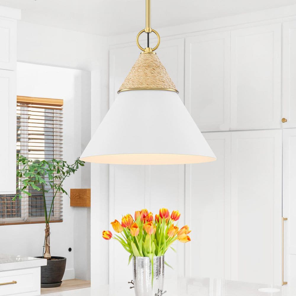 13 in. Modern Gold Hanging Kitchen Pendant Light with White Metal Cone Shade, Hand-Woven Rope price history on PriceWatchPro