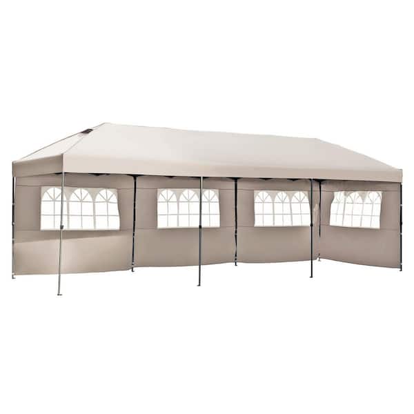 10 ft. x 30 ft. Outdoor Khaki Mental Heavy Duty Gazebo Pop Up Canopy with Sidewalls and Wheeled Bag for Wedding Party