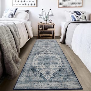 Blue 2 ft. x 6 ft. Machine Washable Floral Indoor Runner Area Rug