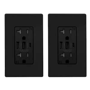 30-Watt 3-Port Type C & Dual Type A USB Duplex Outlet Smart Chip High Speed Charging Wall Plate Included, Black (2-Pack)