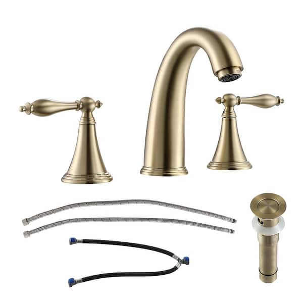 Logmey Double Handle 3-Hole Deck Mount Bathroom Vessel Sink Faucet with Pop-Up Drain and Hot/Cold Water Hoses in Gold Brushed