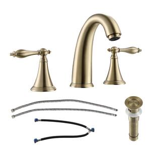 Double Handle 3-Hole Deck Mount Bathroom Vessel Sink Faucet with Pop-Up Drain and Hot/Cold Water Hoses in Gold Brushed
