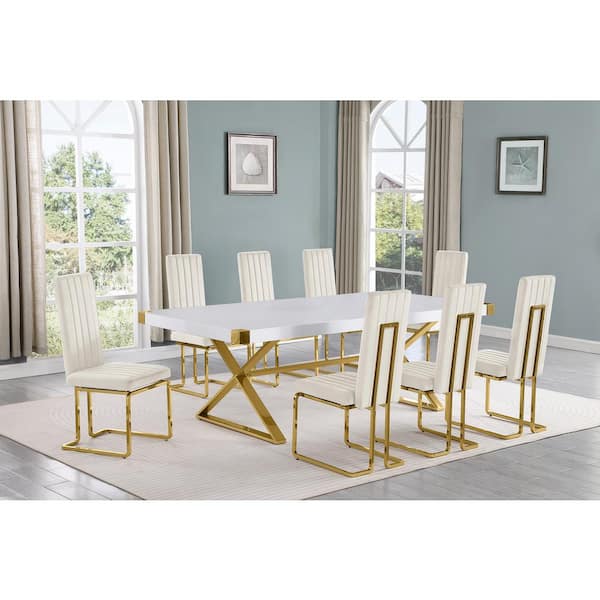 Best Quality Furniture Miguel 9-Piece Rectangle White Wood Top Gold Stainless Steel Dining Set with 8 Cream Velvet Chairs