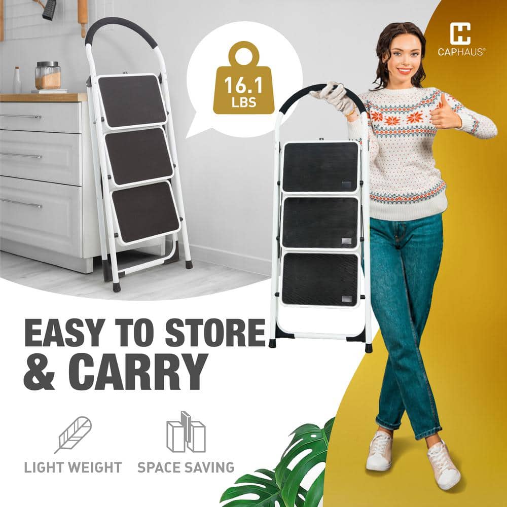 White 3-Step Folding Metal Step Stool with Hand Grip