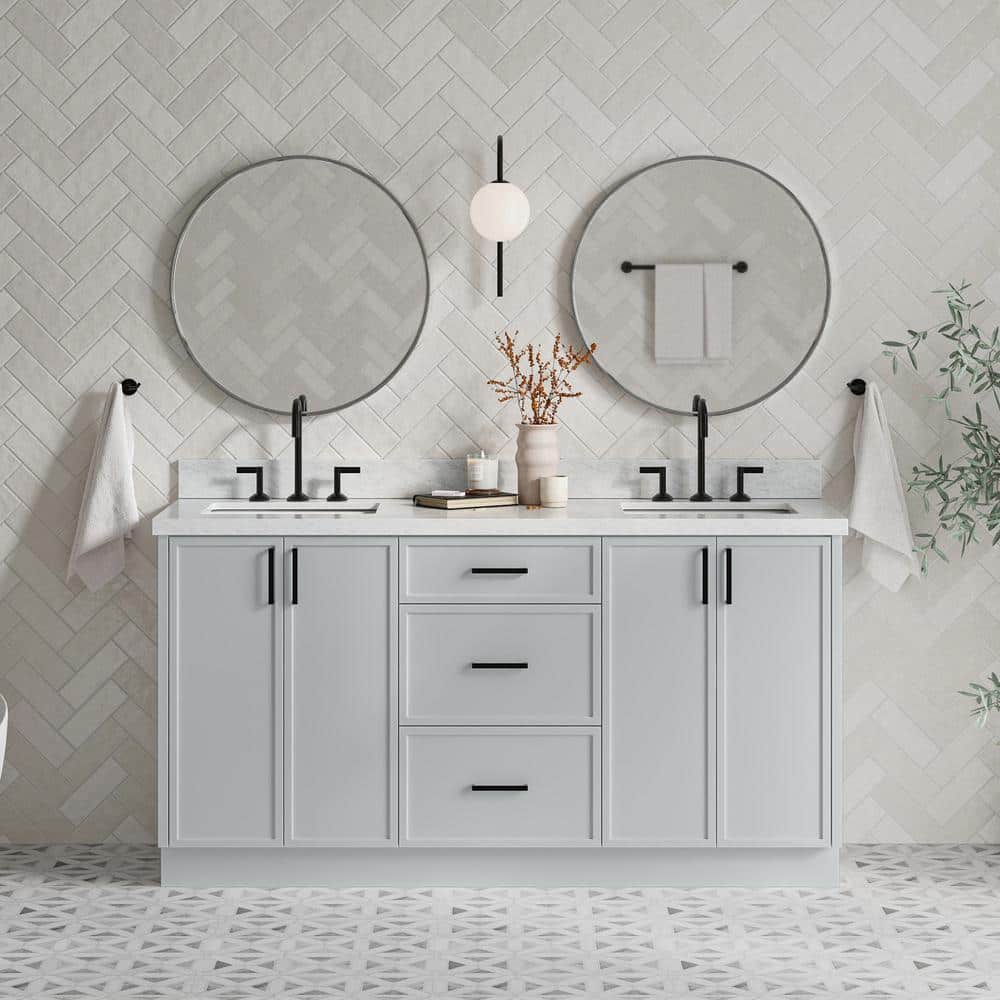 Gray Wood Double Sink Freestanding Vanity with Carrara Marble Top