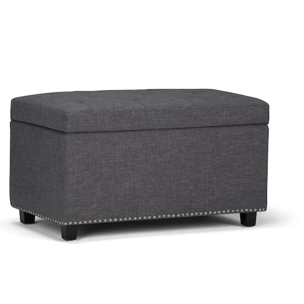 Simpli Home Hannah 34 in. Traditional Storage Ottoman in Slate Grey Linen Look Fabric