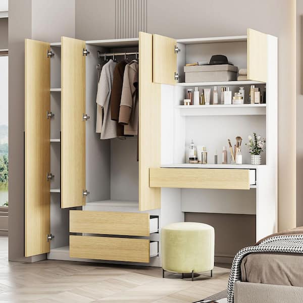 Harper & Bright Designs Natural 72.9 in. Storage Wardrobe with Shelves, 3-Drawers, Hanging Rod, Table