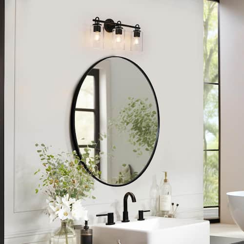 Modern Black Bathroom Vanity Light with Cylinder Clear Glass Shades 22 in. 3-Light Minimalist Powder Room Wall Sconce Home