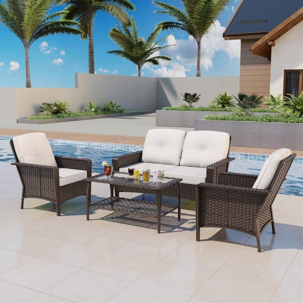 4-Seat Wicker Outdoor Patio Sofa Steel Frame Sectional Couch with Beige Cushions