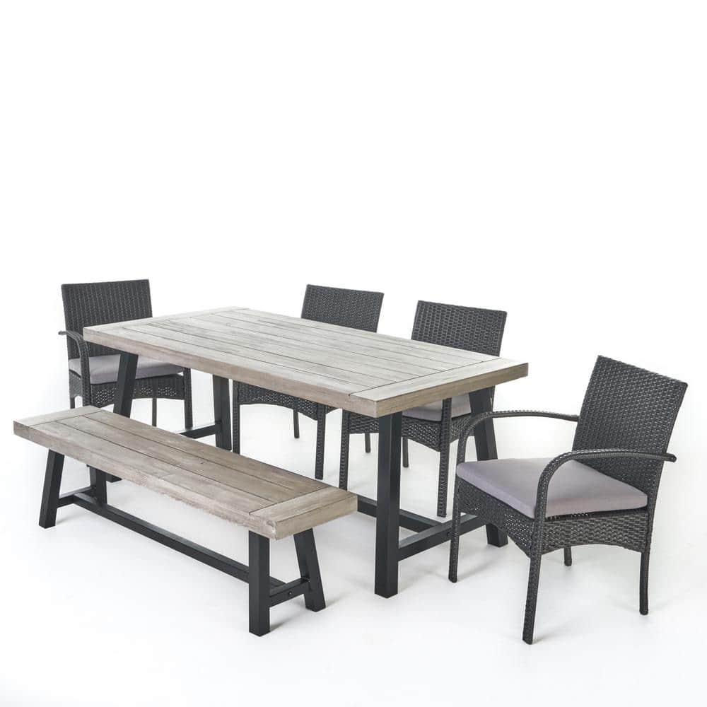 Light Gray Acacia Wood and Wicker 6-Piece Outdoor Dining Set