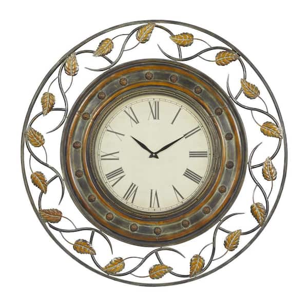 Litton Lane 36 in. x 36 in. Brown Metal Leaf Wall Clock with Scrolled Vines