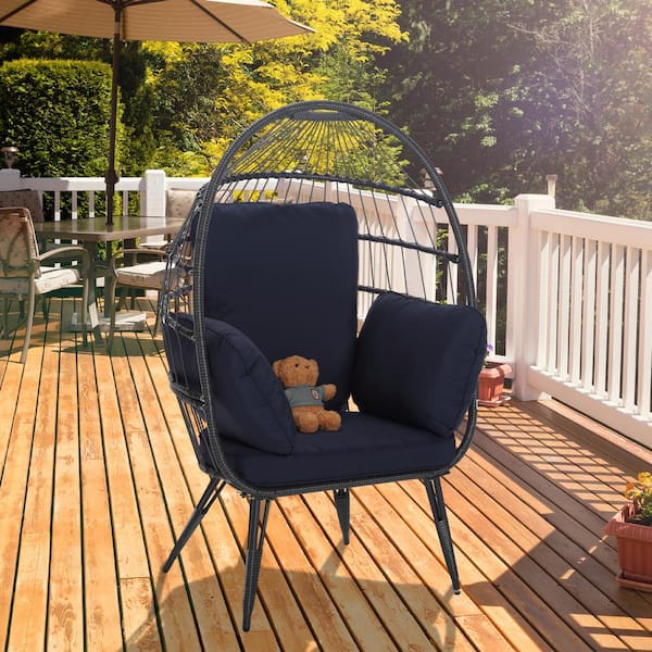 Runesay Egg Chair Wicker Lawn Chair Outdoor Oversized Large Lounger with Stand Cushion for Patio, Garden in Navy Blue
