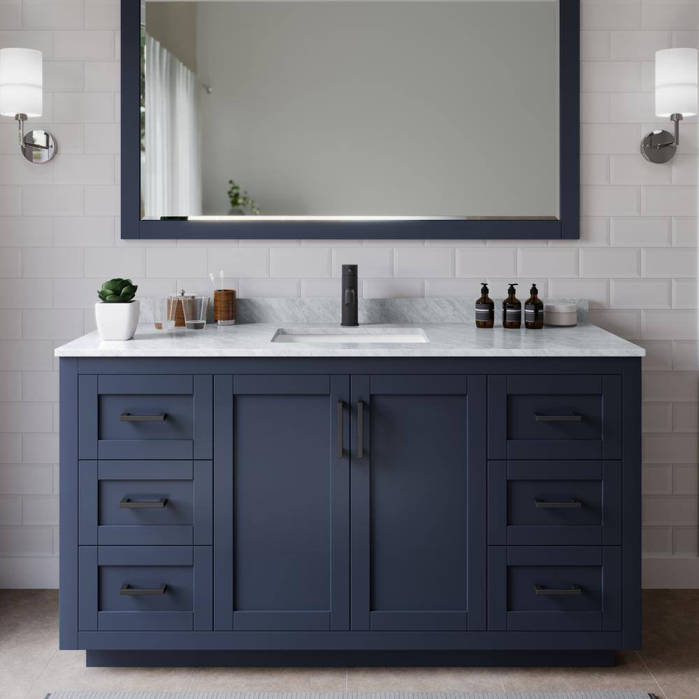 Miranda 60" Dark Blue Single Bathroom Vanity with White Carrara Marble Top and Matte Black Trim