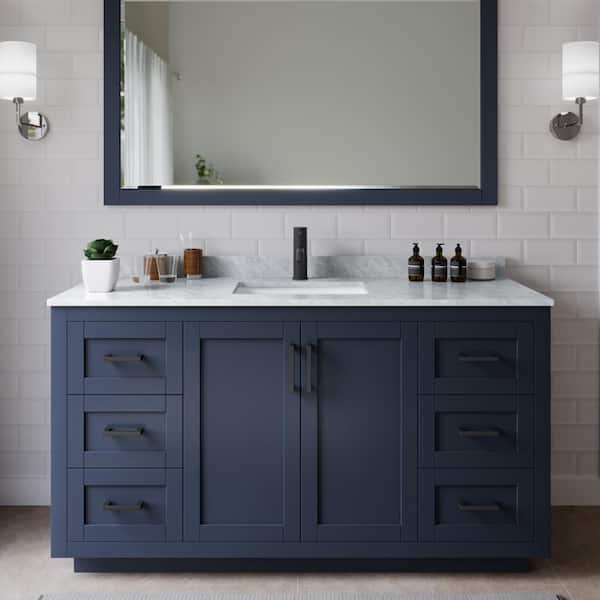 Wyndham Collection Miranda 60 in. W Single Bath Vanity in Dark Blue with Marble Vanity Top in White Carrara with White Basin and Mirror