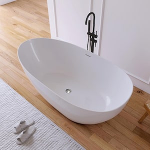 Luna 63 in. x 31.5 in. Stone Resin Solid Surface Flatbottom Freestanding Soaking Bathtub in Gloss White