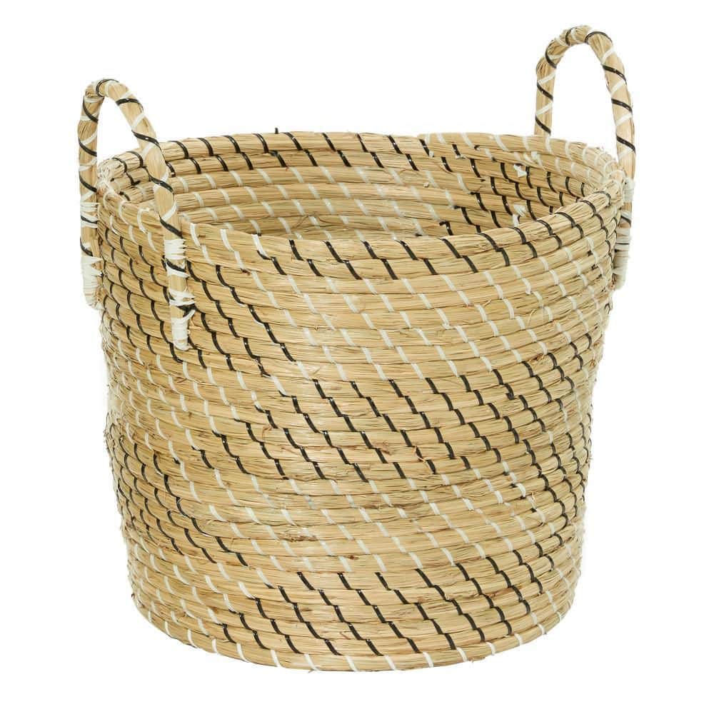 Beige and Black Seagrass Round Storage Baskets, Set of 3
