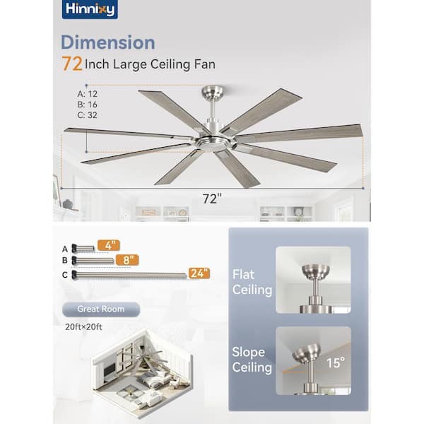 72 in. Nickel Standard Ceiling Fan No Light with Remote,2-Color Blades, 6-Speed DC Motor, Downrod Mount for Patio