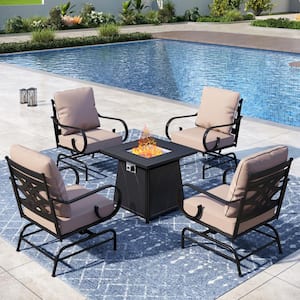 Black Metal 4 Seat 5Piece Steel Outdoor Patio Conversation Set with Beige Cushions,Rocking Chairs, Square Fire Pit Table