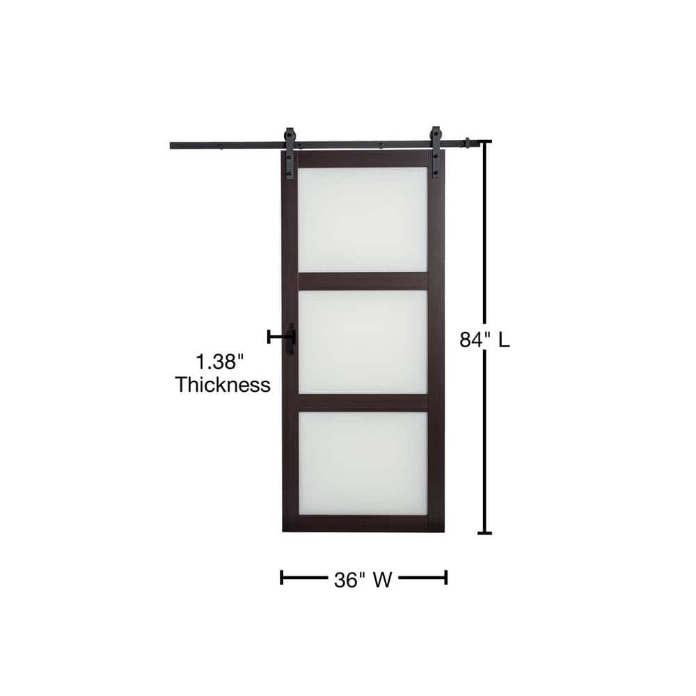Espresso Frosted Glass 36'' x 84'' Barn Door with Black Hardware