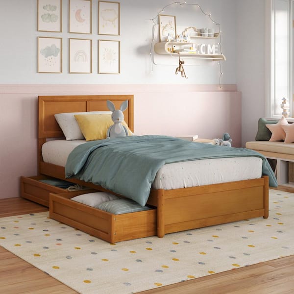 Lylah Light Toffee Natural Bronze Solid Wood Frame Twin Platform Bed with Panel Footboard and Storage Drawers