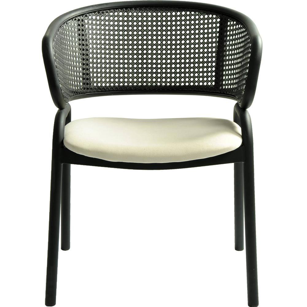 Modern Black Metal and Cane Arm Chair with Beige Upholstered Seat