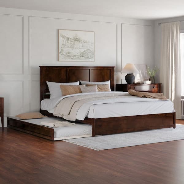 AFI Felicity Walnut Brown Solid Wood Frame King Platform Bed with Panel Footboard Twin XL Trundle