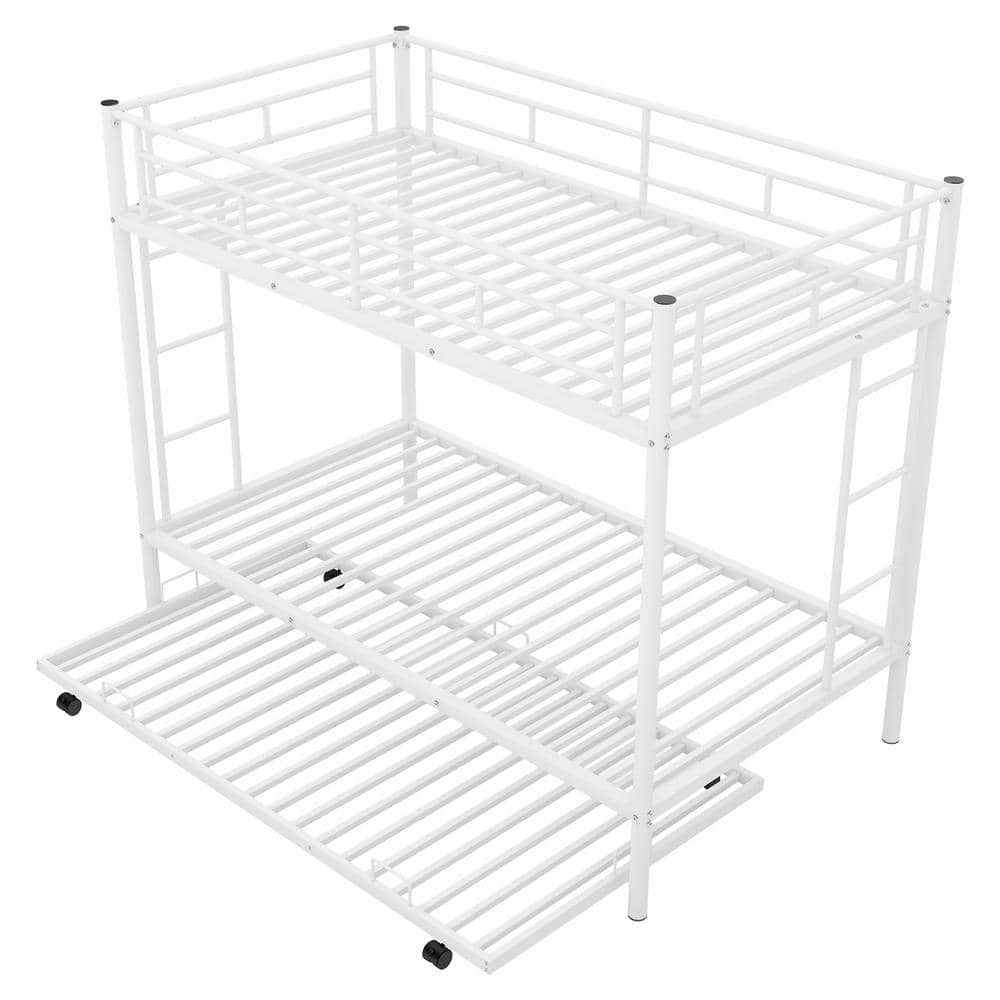 White Twin Size Metal Bunk Bed with Trundle Twin Over Twin Bunk Bed Frame with 2-Ladders and Safety Rails for Kids -  ANBAZAR, 01113ANNA-K