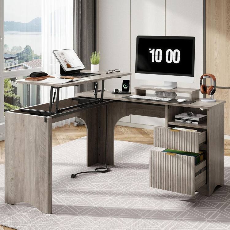 Bestier 55 in. Wash Grey 2 Storage Drawers L-Shaped Computer Desk with Power Outlets,Lift-Top and Monitor Stand