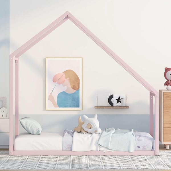 Pink Metal House Frame Twin Platform Bed with Roof Design for Boys and Girls, No Slats