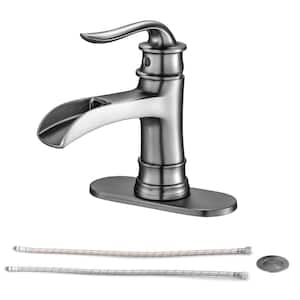 Single Handle Single Hole Bathroom Faucet with Deckplate Included and Pop Up Drain in Brushed Nickel