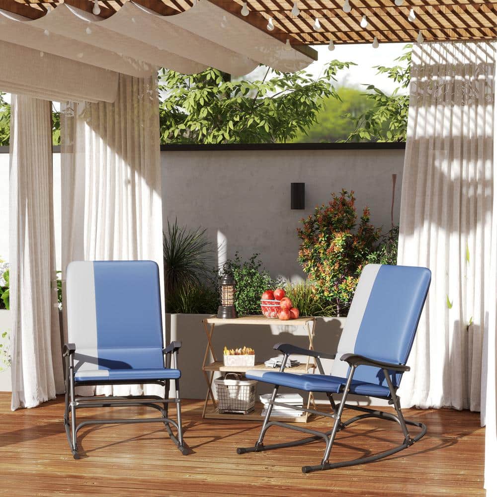 Metal Folding Outdoor Rocking Chairs Set with Dark Green Cushion 400 lbs. C