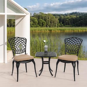 3-Piece Patio White Cast Aluminum Outdoor Bistro Set with Umbrella Hole Table and Chairs with Brown Cushions